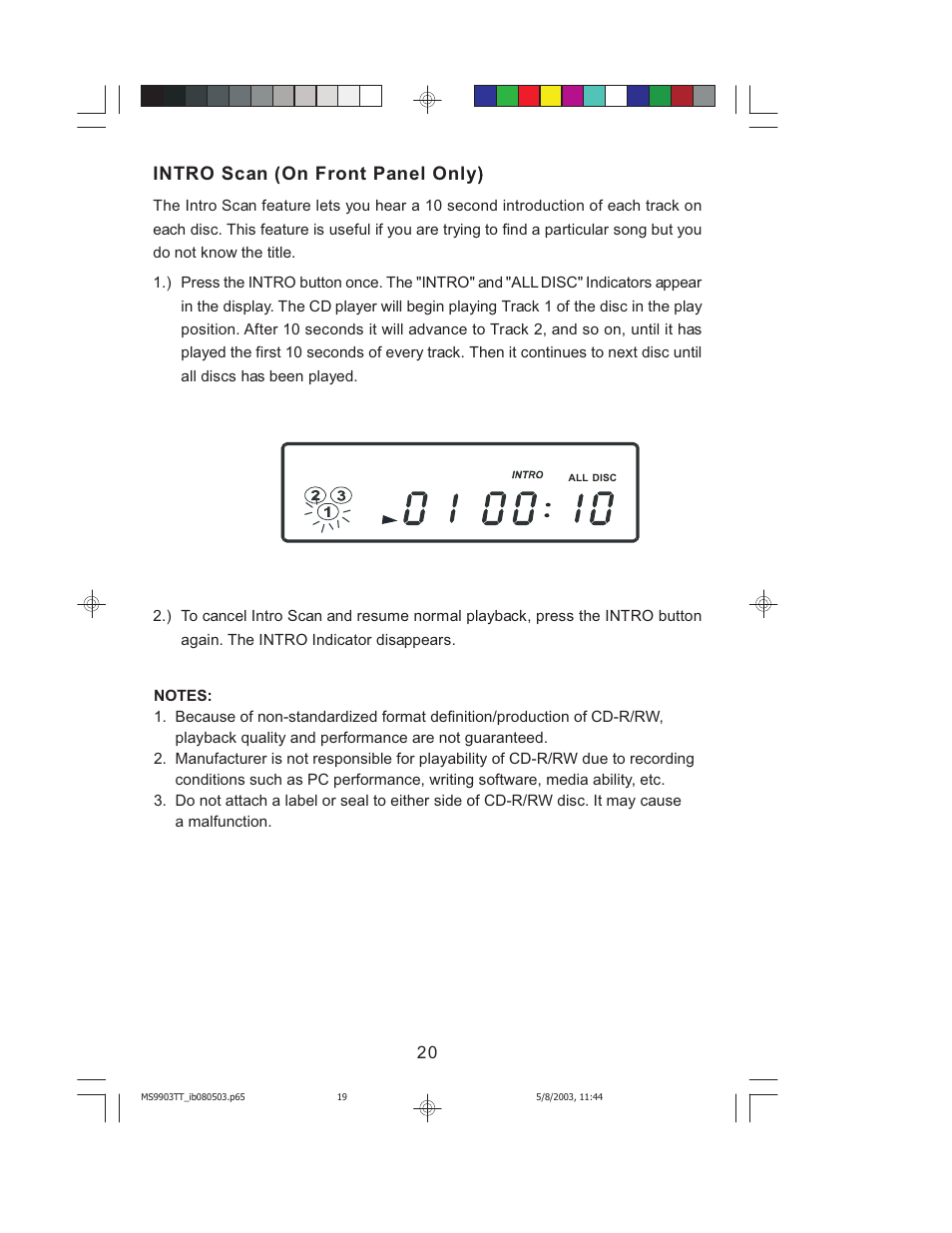 Intro scan on front panel only | Jensen JMC-1000 User Manual | Page 21 / 31