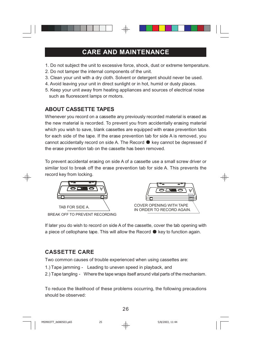 Care and maintenance, About cassette tapes, Cassette care | Jensen JMC-1000 User Manual | Page 27 / 31