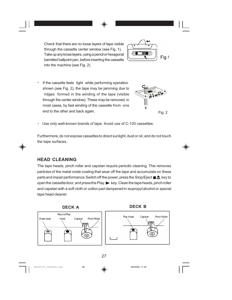 Head cleaning | Jensen JMC-1000 User Manual | Page 28 / 31