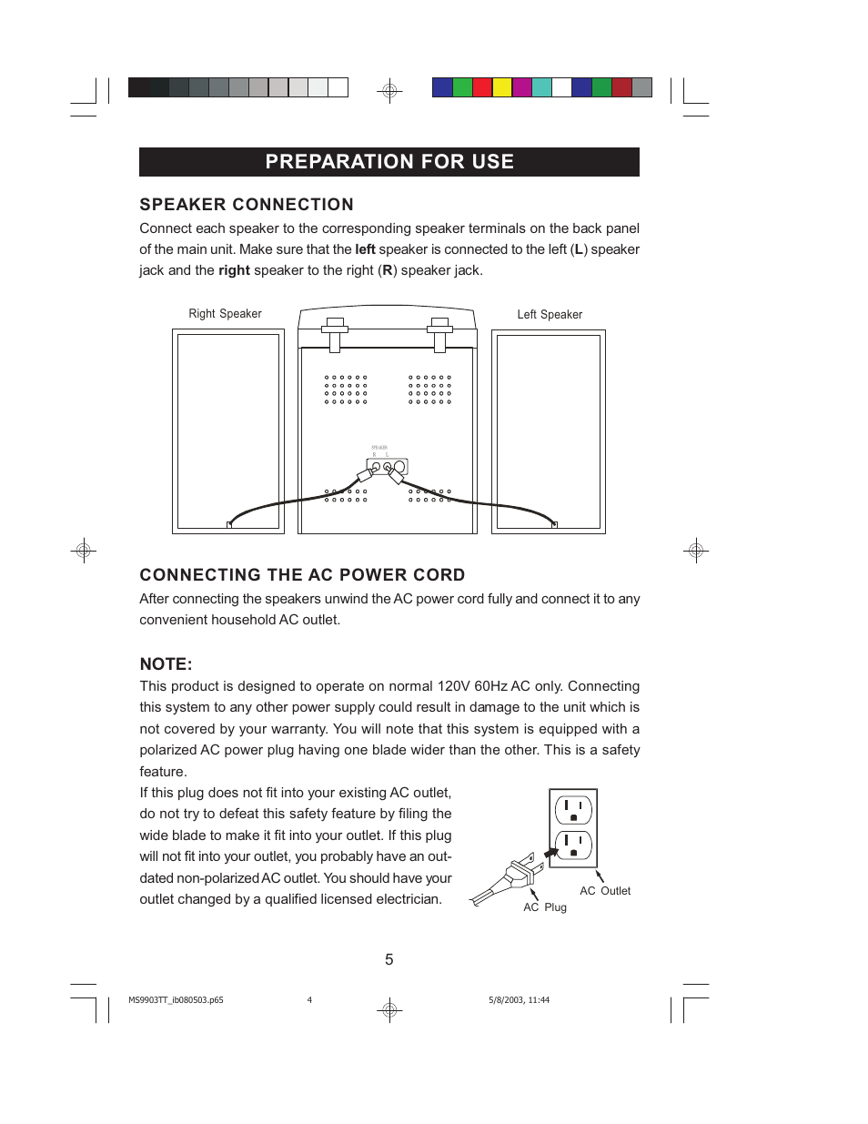 Preparation for use, Speaker connection, Connecting the ac power cord | Jensen JMC-1000 User Manual | Page 6 / 31