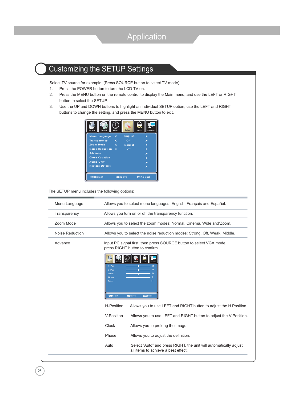 Application, Customizing the setup settings | Jensen JE2608 User Manual | Page 26 / 37