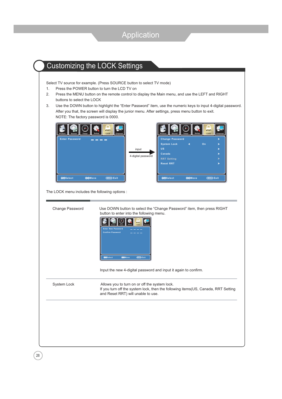 Application, Customizing the lock settings | Jensen JE2608 User Manual | Page 28 / 37