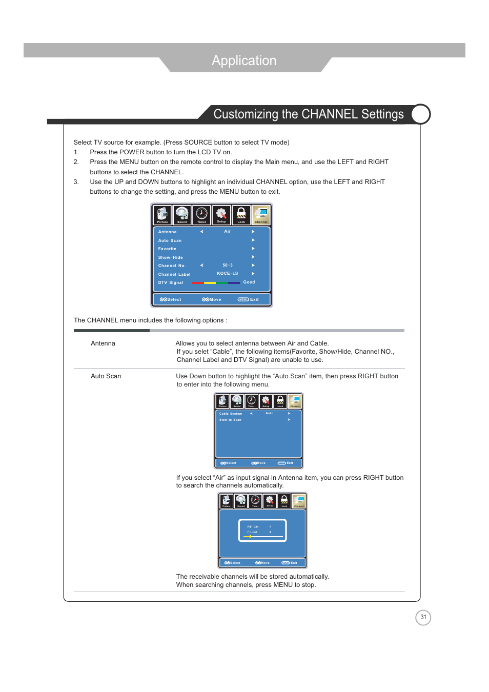 Application, Customizing the channel settings | Jensen JE2608 User Manual | Page 31 / 37