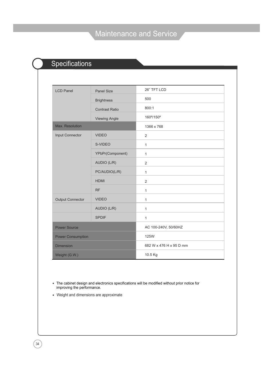 Maintenance and service, Specifications | Jensen JE2608 User Manual | Page 34 / 37