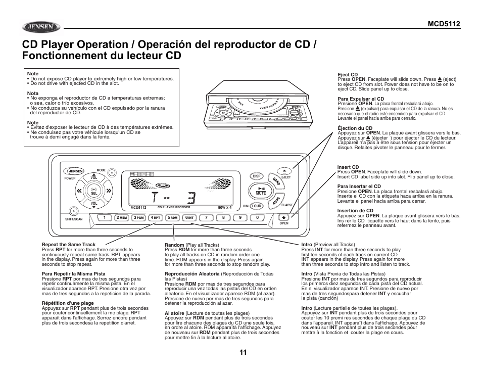 Fonctionnement du lecteur cd, Compact digital audio, Cdc controller | Mode shift /scan, 50w x 4 loud disp cd receiver mem, Mute open | Jensen MCD5112 User Manual | Page 11 / 13