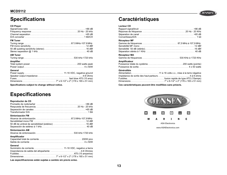 Specifications, Especificationes, Caractéristiques | Jensen MCD5112 User Manual | Page 13 / 13