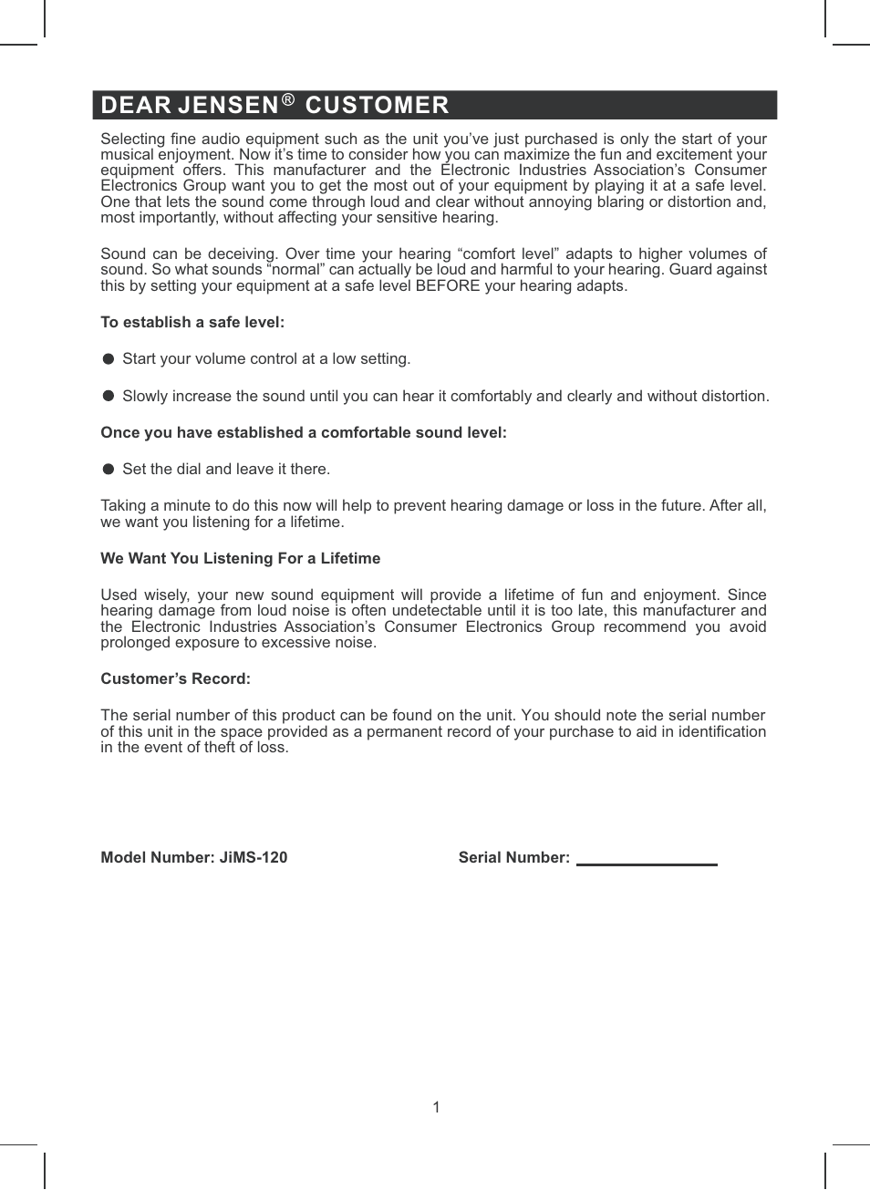 Dear jensen customer | Jensen JiMS-120 User Manual | Page 2 / 11