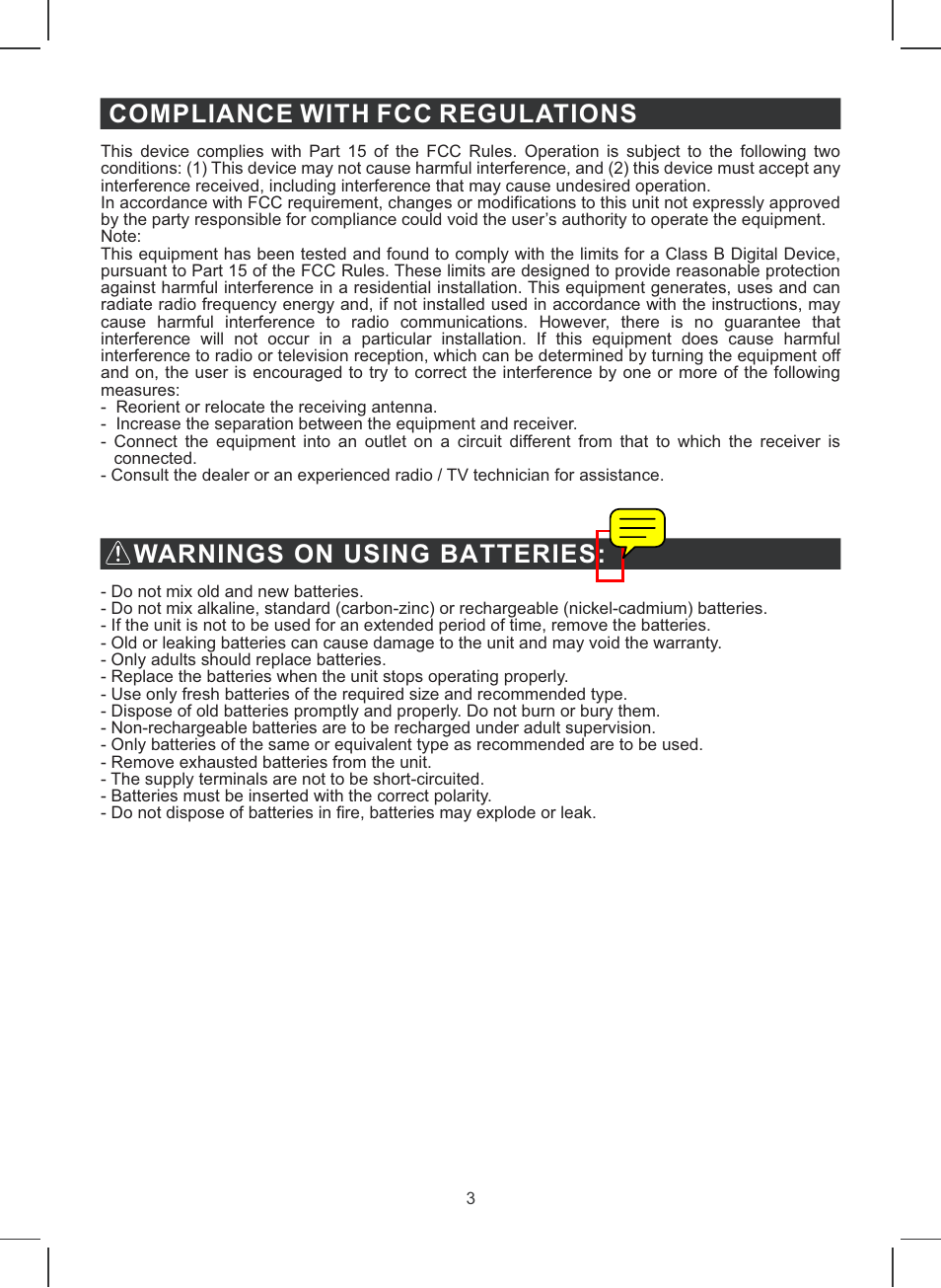 Compliance with fcc regulations, Warnings on using batteries | Jensen JiMS-120 User Manual | Page 4 / 11