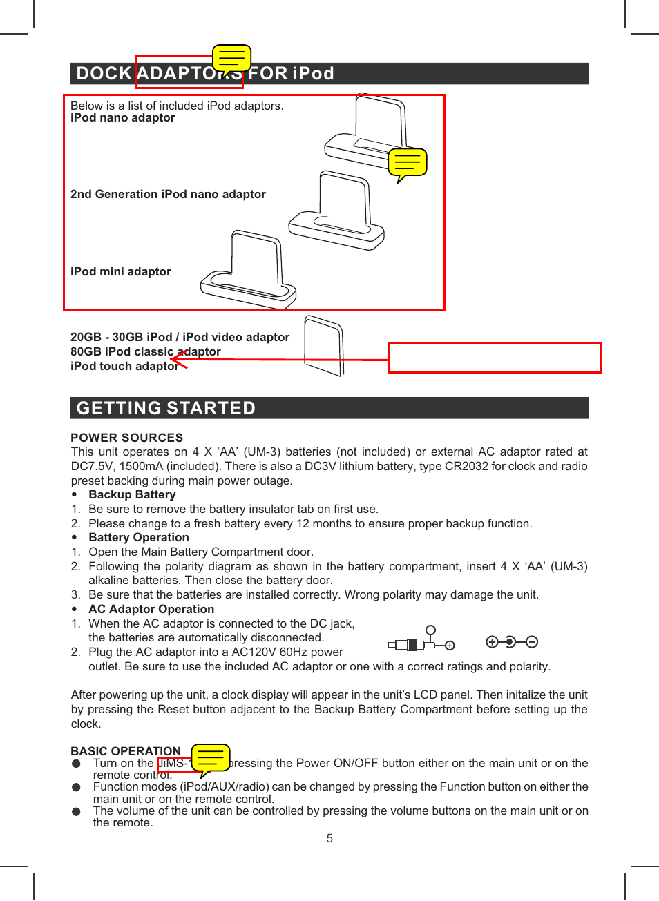 Ipod nano adaptor, Dock adaptors for ipod, Getting started | Jensen JiMS-120 User Manual | Page 6 / 11