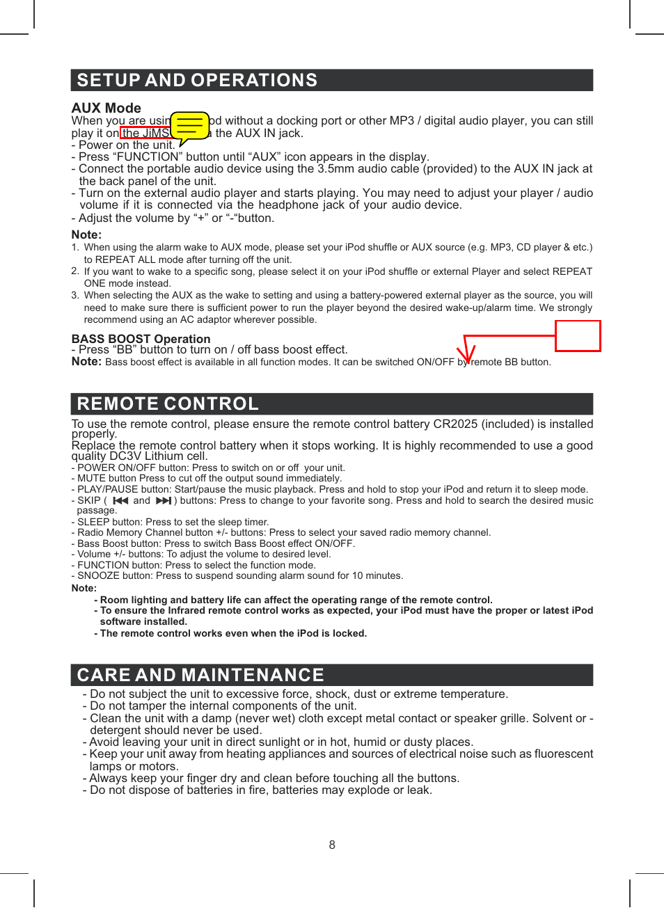 Remote control setup and operations, Care and maintenance | Jensen JiMS-120 User Manual | Page 9 / 11