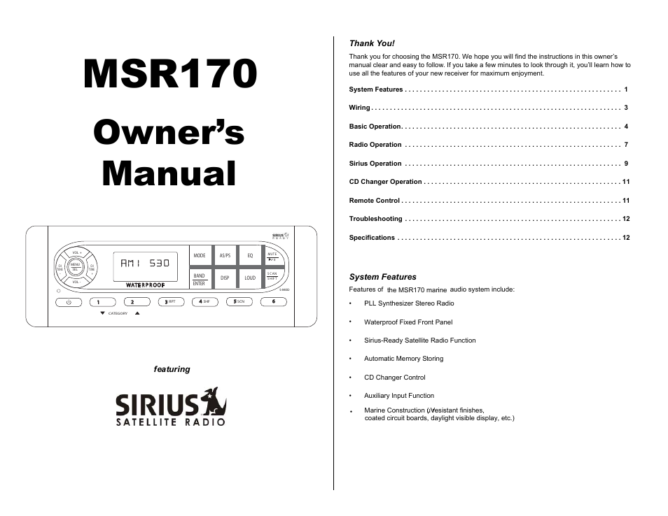 Jensen MSR170 User Manual | 13 pages