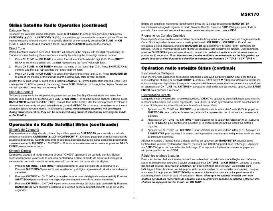 Msr170, Sirius satellite radio operation (continued), Operación de radio satelital sirius (continuado) | Opération radio satellite sirius (continué) | Jensen MSR170 User Manual | Page 10 / 13