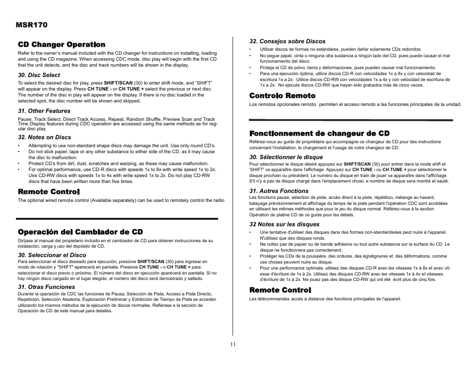 Msr170, Cd changer operation, Remote control | Operación del cambiador de cd, Controlo remoto, Fonctionnement de changeur de cd | Jensen MSR170 User Manual | Page 11 / 13