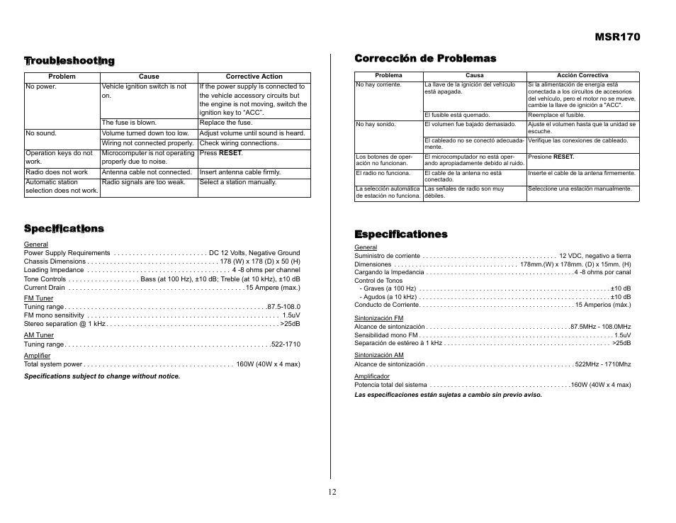 Msr170, Troubleshooting specifications, Corrección de problemas especificationes | Jensen MSR170 User Manual | Page 12 / 13