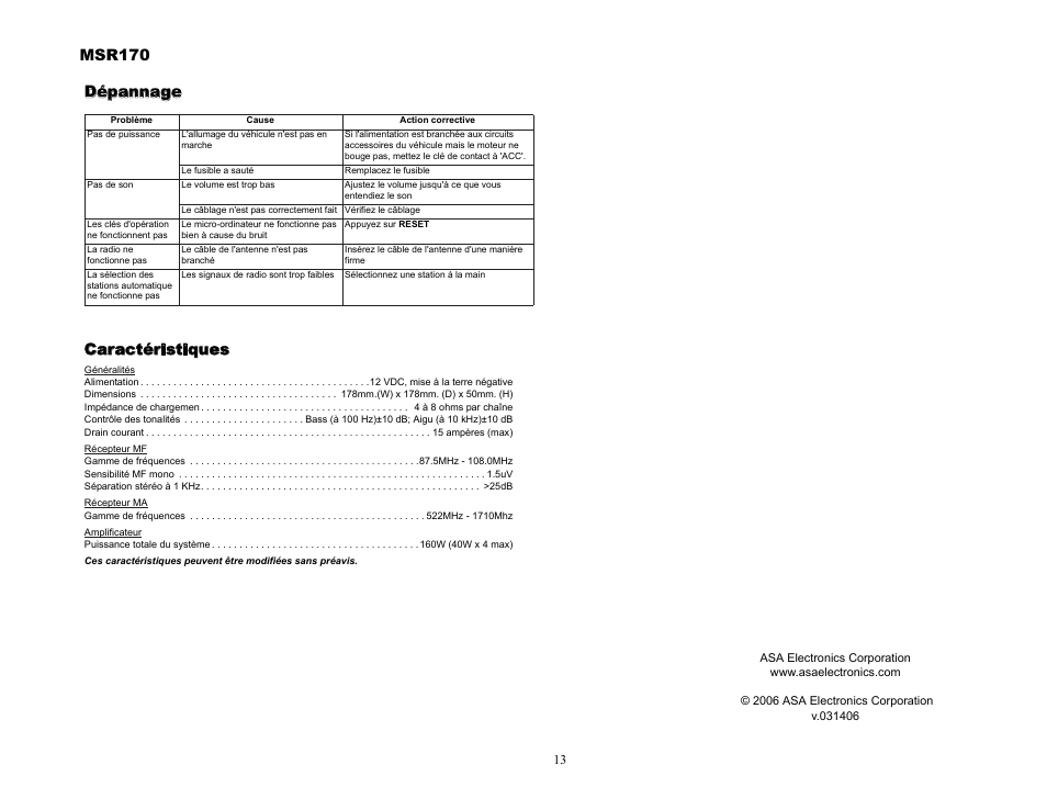 Msr170, Dépannage caractéristiques | Jensen MSR170 User Manual | Page 13 / 13
