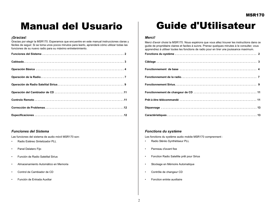 Manual del usuario guide d'utilisateur, Msr170 | Jensen MSR170 User Manual | Page 2 / 13