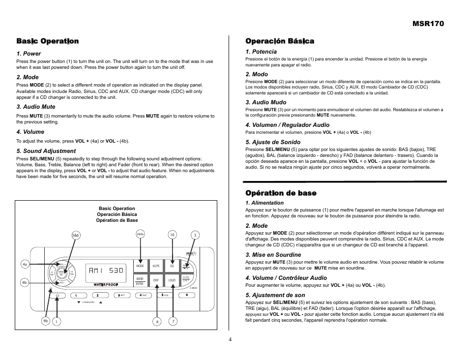 Msr170, Basic operation, Operación básica | Opération de base | Jensen MSR170 User Manual | Page 4 / 13