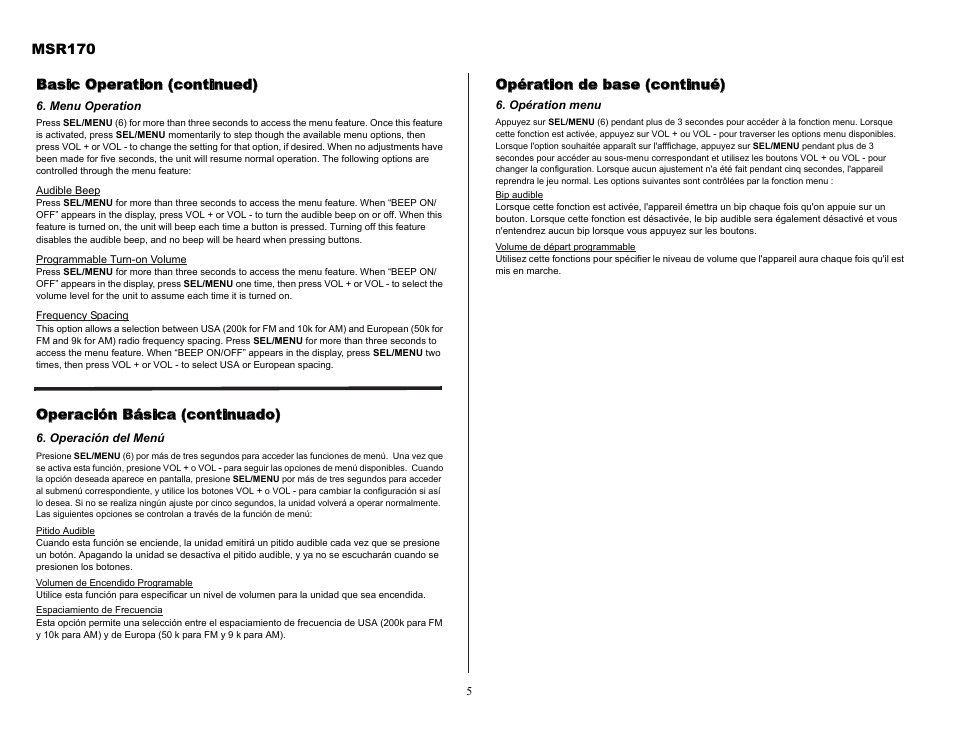 Msr170, Basic operation (continued), Operación básica (continuado) | Opération de base (continué) | Jensen MSR170 User Manual | Page 5 / 13