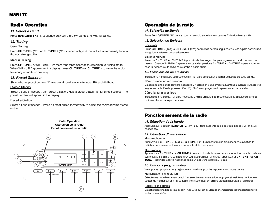 Msr170, Radio operation, Operación de la radio | Fonctionnement de la radio | Jensen MSR170 User Manual | Page 7 / 13