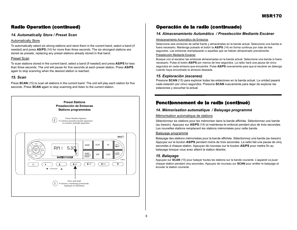 Msr170, Radio operation (continued), Operación de la radio (continuado) | Fonctionnement de la radio (continué) | Jensen MSR170 User Manual | Page 8 / 13