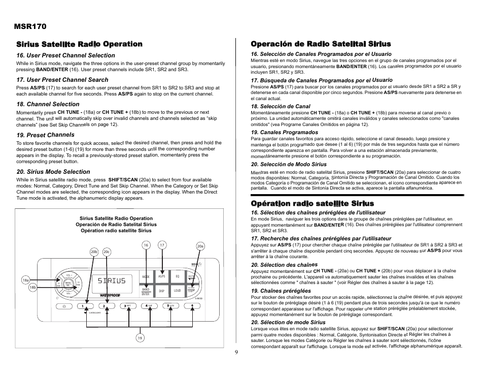 Msr170, Sirius satellite radio operation, Operación de radio satelital sirius | Opération radio satellite sirius | Jensen MSR170 User Manual | Page 9 / 13