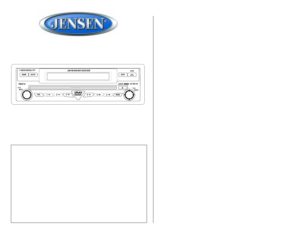 Jensen Mobile Multimedia AM/FM/DVD Receiver VM9510 User Manual | 45 pages