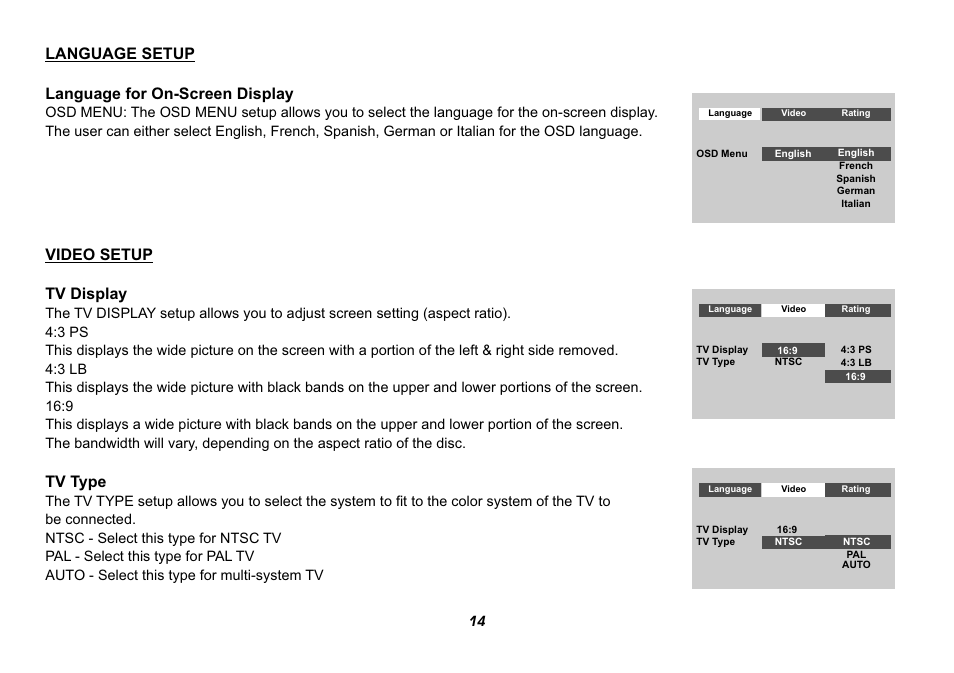 Language setup language for on-screen display, Video setup tv display, Tv type | Jensen HR9000PKG User Manual | Page 14 / 25