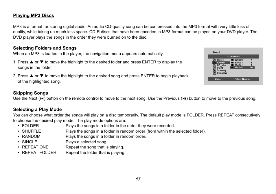 Playing mp3 discs, Selecting folders and songs, Skipping songs | Selecting a play mode | Jensen HR9000PKG User Manual | Page 17 / 25