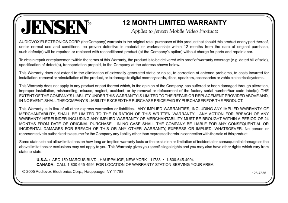 12 month limited warranty, Applies to jensen mobile video products | Jensen HR9000PKG User Manual | Page 24 / 25