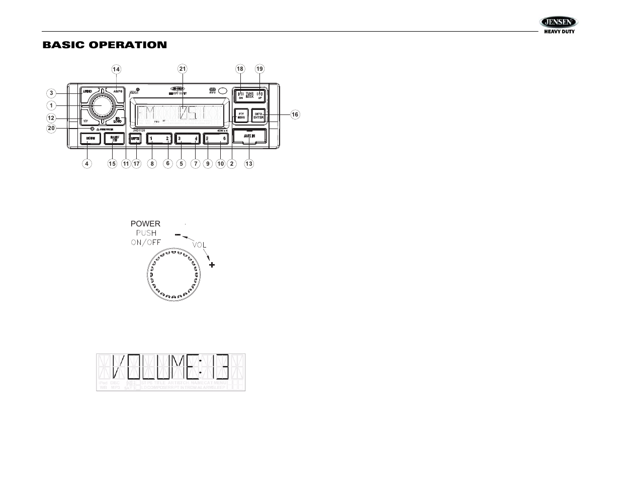 Jhd1120, Basic operation, Power | Power on/off, Volume control, Mute, Mode, Reset, Audio menu | Jensen JHD1120 User Manual | Page 7 / 14