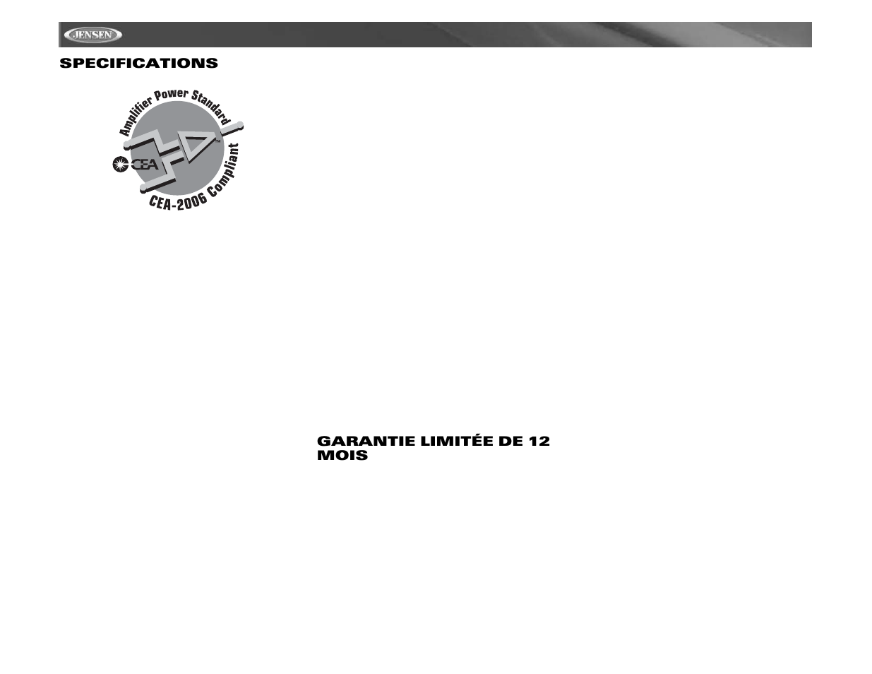 Vm9411 specifications, Garantie limitée de 12 mois | Jensen VM9411 User Manual | Page 108 / 110