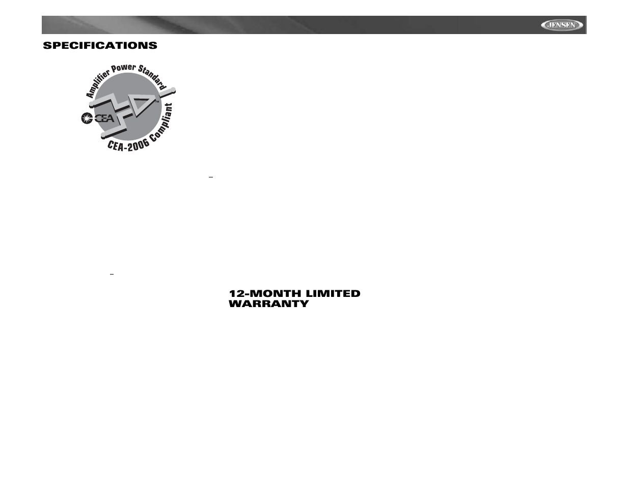 Vm9411 specifications, Month limited warranty | Jensen VM9411 User Manual | Page 39 / 110