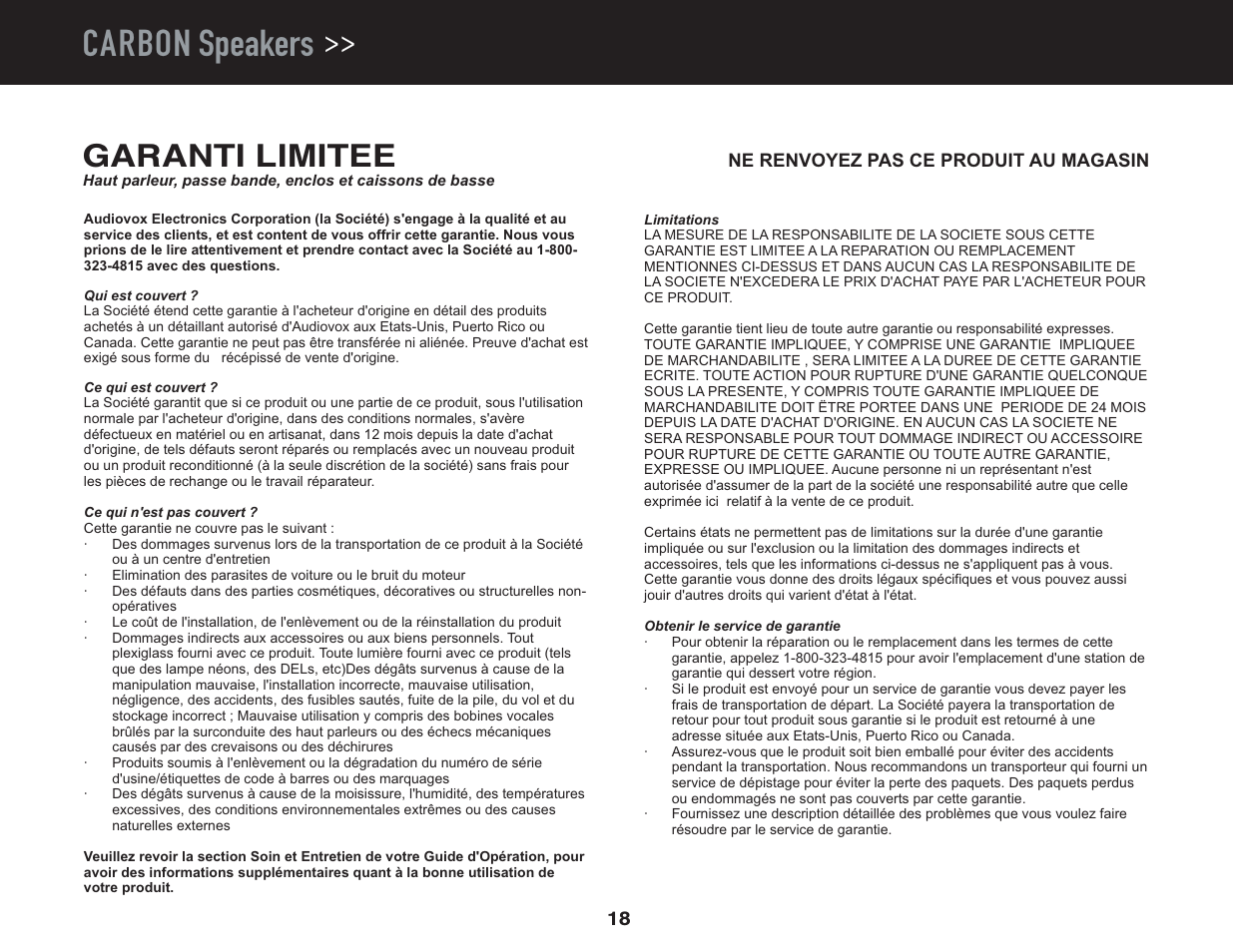 Carbon speakers, Garanti limitee | Jensen PowerPlus 525 User Manual | Page 20 / 22