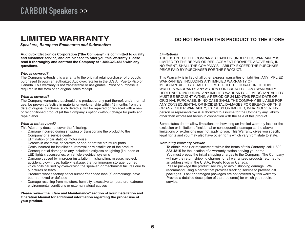 Carbon speakers, Limited warranty | Jensen PowerPlus 525 User Manual | Page 8 / 22