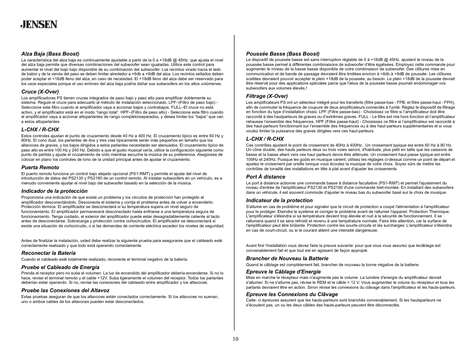 Indicadores y controles (continuado), Alza baja (bass boost), Cruce (x-over) | L-chx / r-chx, Puerta remoto, Indicador de la protección, Pruebas, Reconectar la batería, Pruebe el cableado de energía, Pruebe las conexiones del altavoz | Jensen PS260 User Manual | Page 10 / 16