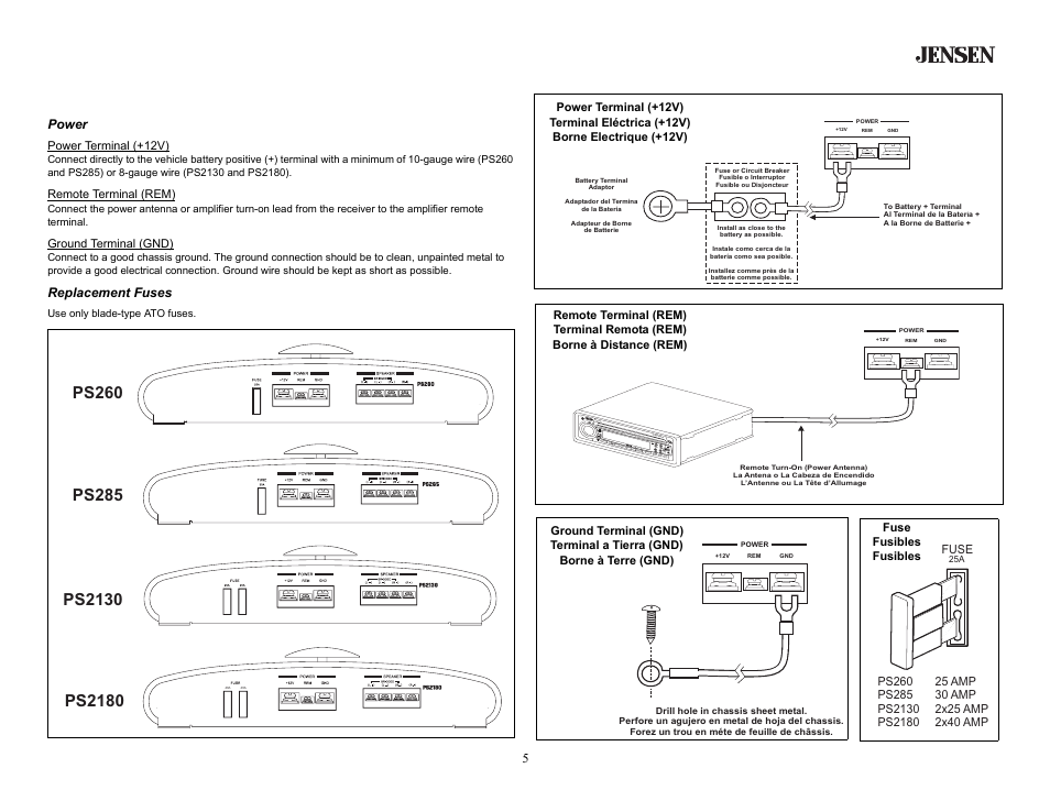 Wiring, Power, Replacement fuses | Jensen PS260 User Manual | Page 5 / 16