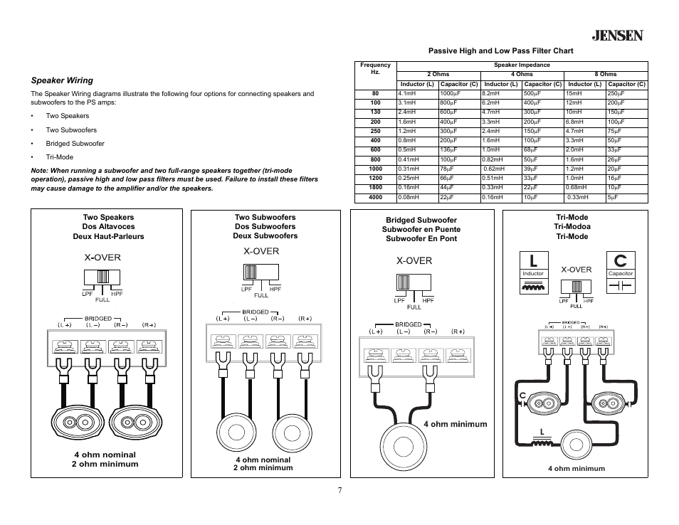 Wiring (continued), Speaker wiring | Jensen PS260 User Manual | Page 7 / 16