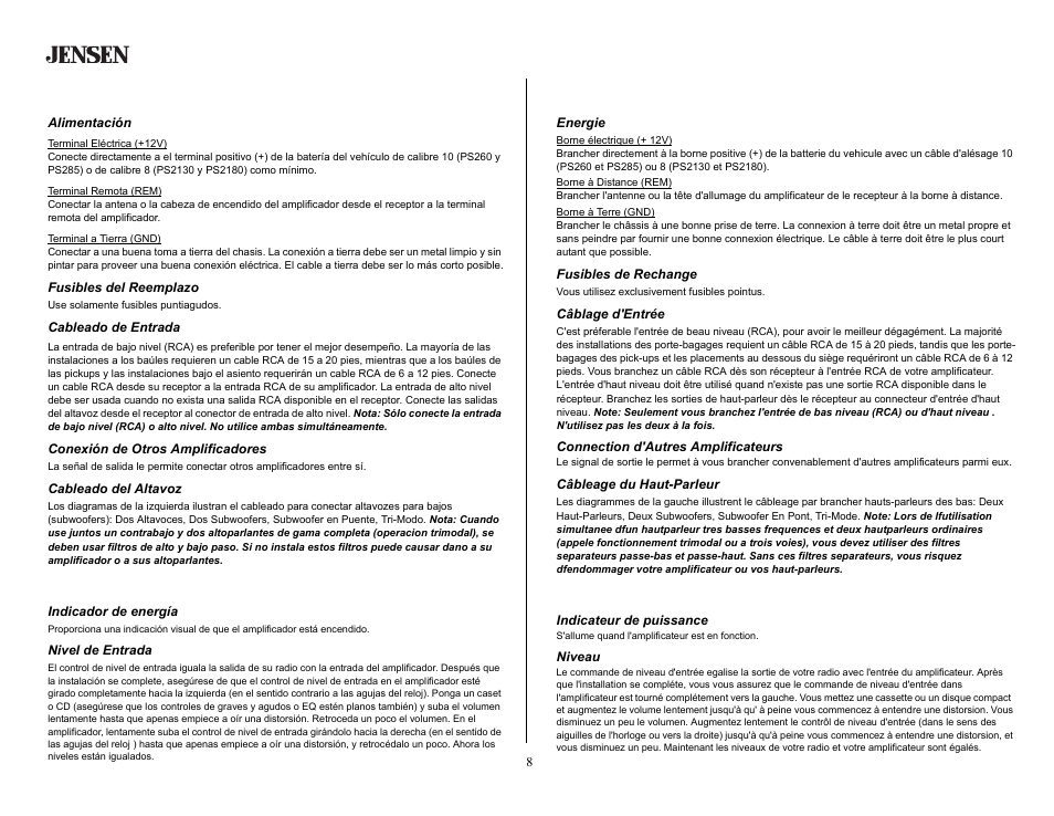 Cableado, Alimentación, Fusibles del reemplazo | Cableado de entrada, Conexión de otros amplificadores, Cableado del altavoz, Indicadores y controles, Indicador de energía, Nivel de entrada, Cablage | Jensen PS260 User Manual | Page 8 / 16