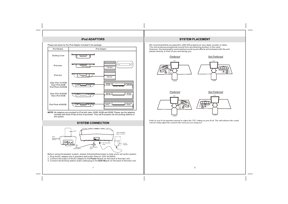 Ipod adaptors, System connection, System placement | Jensen JiSS-550 User Manual | Page 5 / 8
