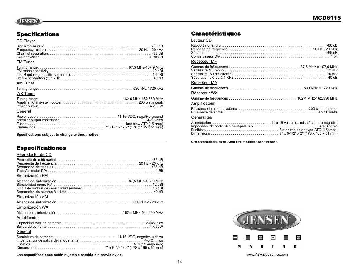 Mcd6115, Specifications, Especificationes | Caractéristiques | Jensen MCD6115 User Manual | Page 14 / 14