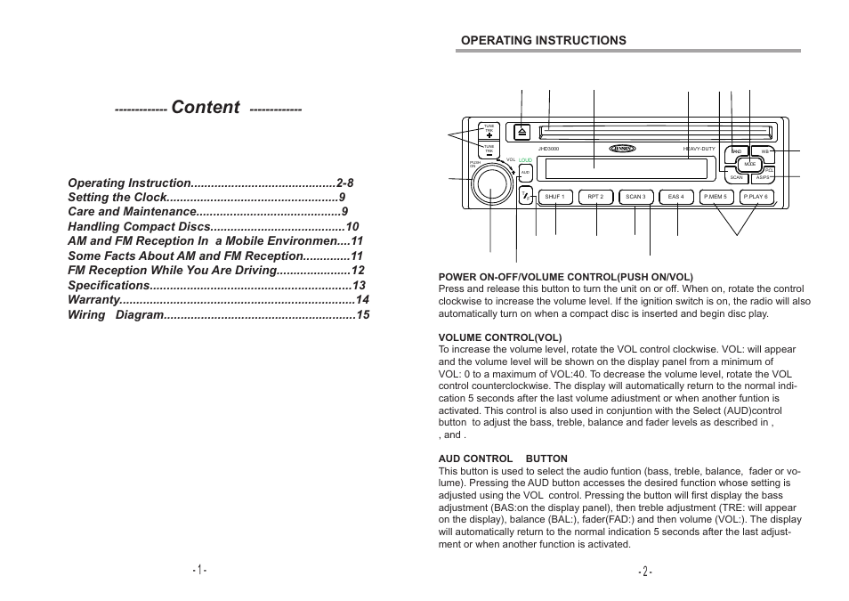 Content, Operating instructions | Jensen HEAVY DUTY JHD3000 User Manual | Page 2 / 9