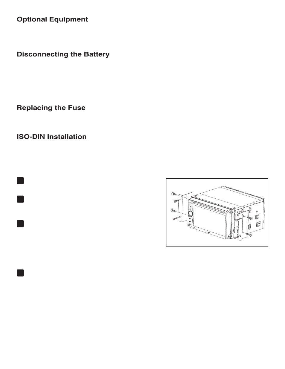 Optional equipment, Disconnecting the battery, Replacing the fuse | Iso-din installation | Jensen VM9224BT User Manual | Page 2 / 4