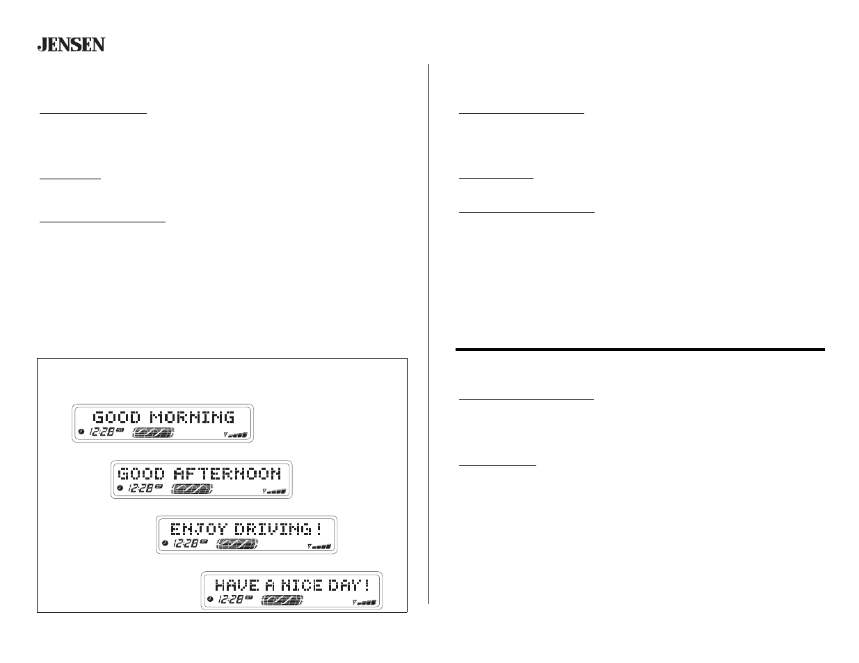 Basic operation (continued), Animation / menu operation (continued), Greeting note | Operación básica (continuado), Animación / operación del menú (continuado), Saludo, Opération de base (continué), Animation/opération du menu (continué), Note d'accueil, Cd4610 | Jensen CD4610 User Manual | Page 12 / 21