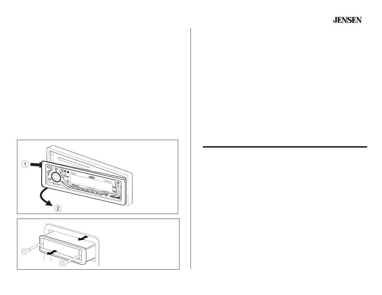 Basic operation (continued), Detaching the front panel, Reattaching the front panel | Reset, Remove radio from dash, Operación básica (continuado), Liberar el panel delantero, Colocando nuevamente el panel delantero, Reajuste, Extracción del radio del automóvil | Jensen CD4610 User Manual | Page 13 / 21