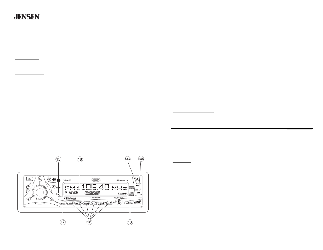 Tuner operation, Select a band, Tuning | Scan, Preset stations, Operación de la radio, Selección de banda, Selección de emisora, Rastreo, Preselección de emisoras | Jensen CD4610 User Manual | Page 14 / 21