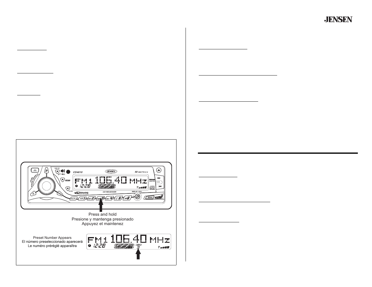 Tuner operation (continued), Preset stations (continued), Automatically store / preset scan | Stereo, Operación de la radio (continuado), Preselección de emisoras (continuado), Stations programmées (continué), Mémorisation automatique / balayage programmé, Cd4610, Fonctionnement de la radio (continué) | Jensen CD4610 User Manual | Page 15 / 21