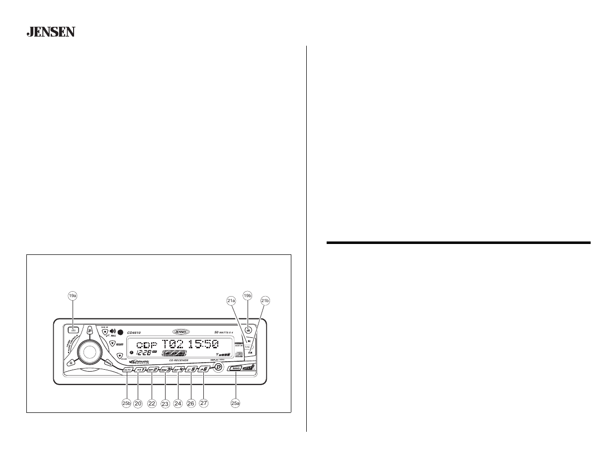 Cd player operation, Insert and eject cd, Pause | Track select, Repeat (rpt), Random (rdm), Operación del reproductor de cd, Inserte y quite cds, Pausa, Salto de pistas | Jensen CD4610 User Manual | Page 16 / 21