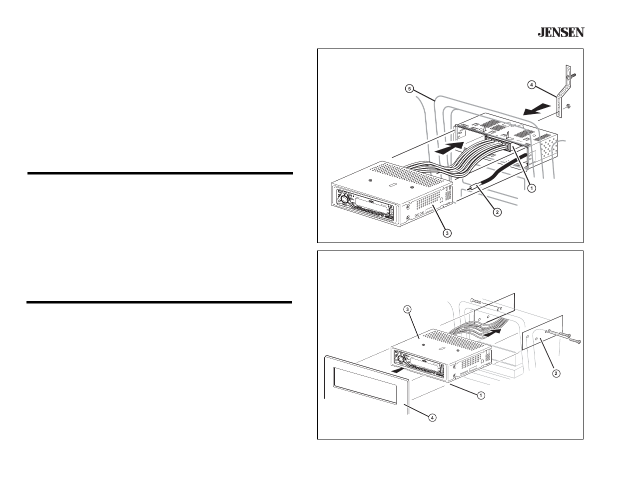 Installation, Final installation, Connect wiring adapter to existing wiring harness | Connect antenna lead, Slide radio chassis into half-sleeve, Secure radio to bracket using nut (if possible), Replace any items you removed from the dashboard, Final iso-din installation, Remove trim ring, Slide radio chassis into dash opening and secure | Jensen CD4610 User Manual | Page 5 / 21