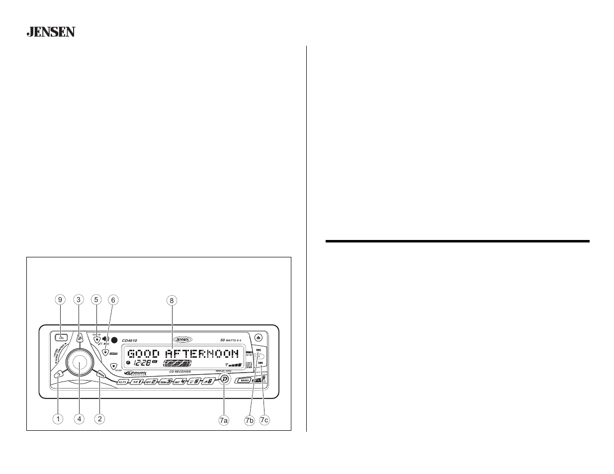 Basic operation, Power, Mode | Audio mute, Volume / audio control, Operación básica, Potencia, Modo, Audio mudo, Volumen / regulador audio | Jensen CD4610 User Manual | Page 6 / 21