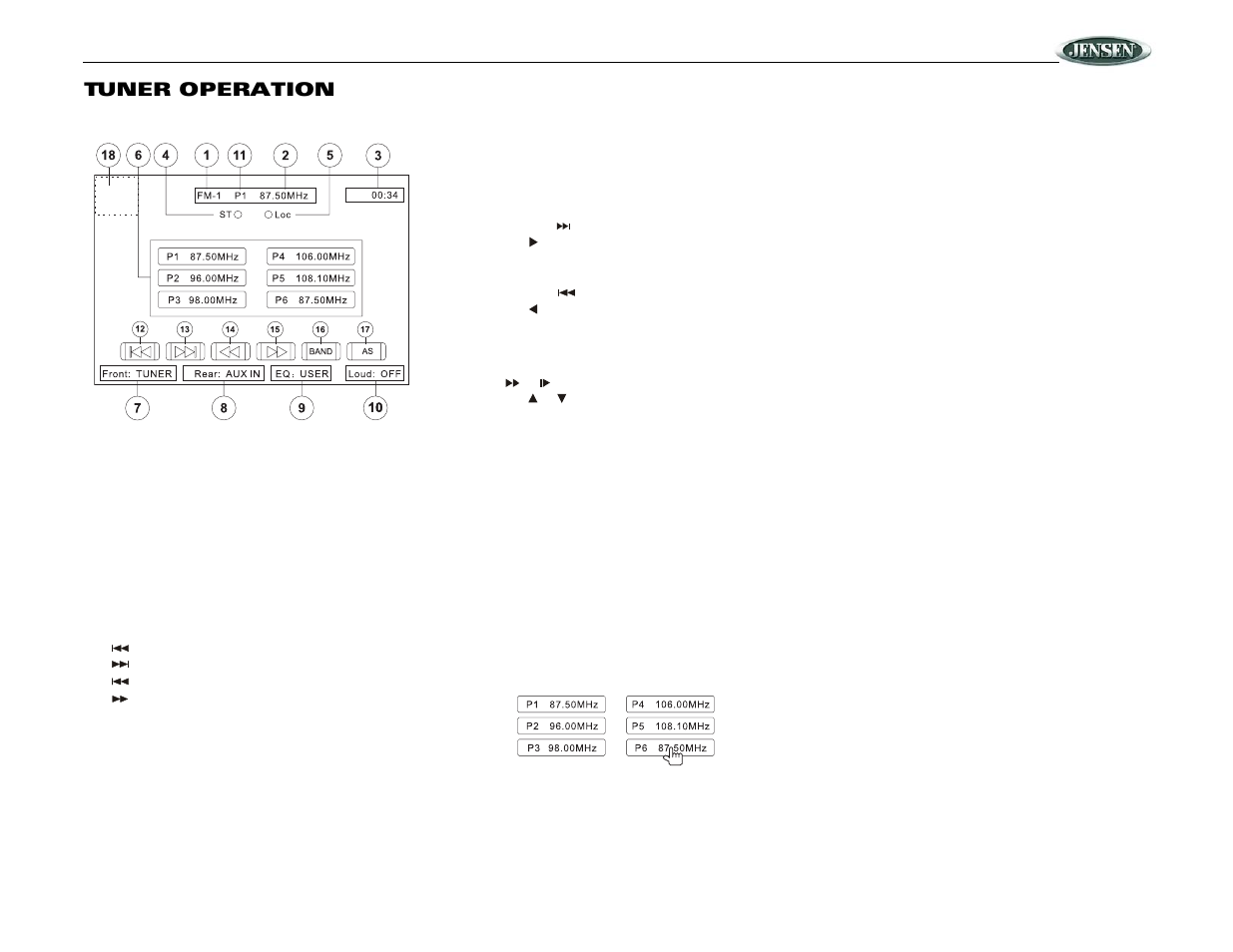 Vm9020ts, Tuner operation | Jensen Mobile Multimedia DVD/MP3/WMA Receiver VM9020TS User Manual | Page 15 / 28